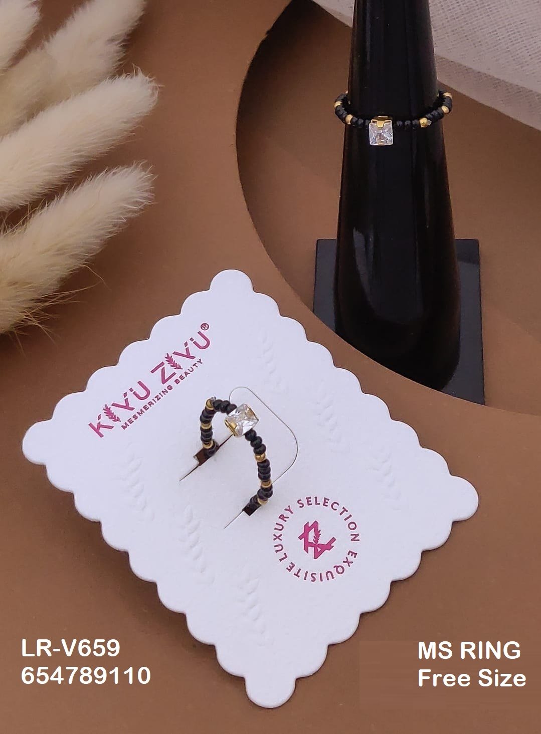 LR-V659 Anti-Tarnish Stainless Steel Black Beads Free Size Rings - Kiyu ziyu By Anjni Creation