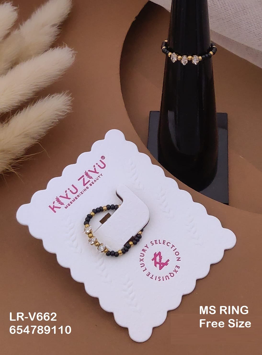 LR-V662 Anti-Tarnish Stainless Steel Black Beads Free Size Rings - Kiyu ziyu By Anjni Creation