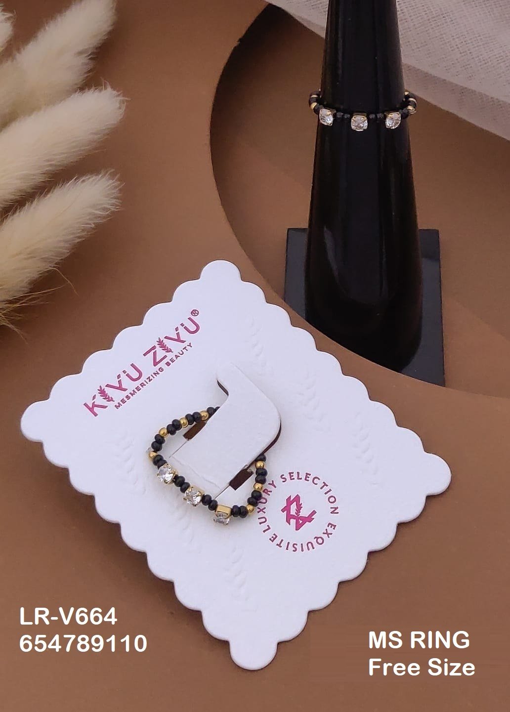 LR-V664 Anti-Tarnish Stainless Steel Black Beads Free Size Rings - Kiyu ziyu By Anjni Creation