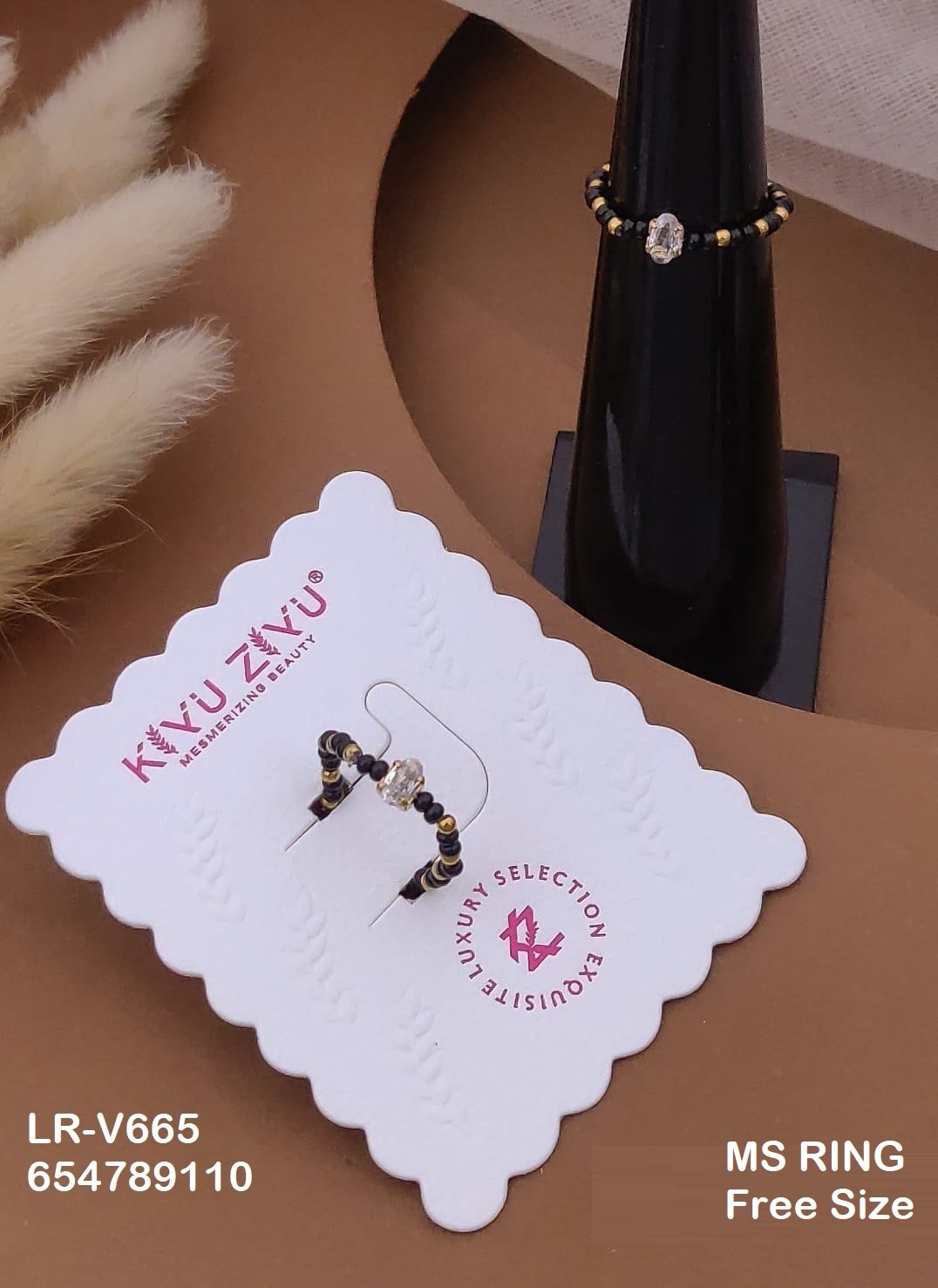 LR-V665 Anti-Tarnish Stainless Steel Black Beads Free Size Rings - Kiyu ziyu By Anjni Creation