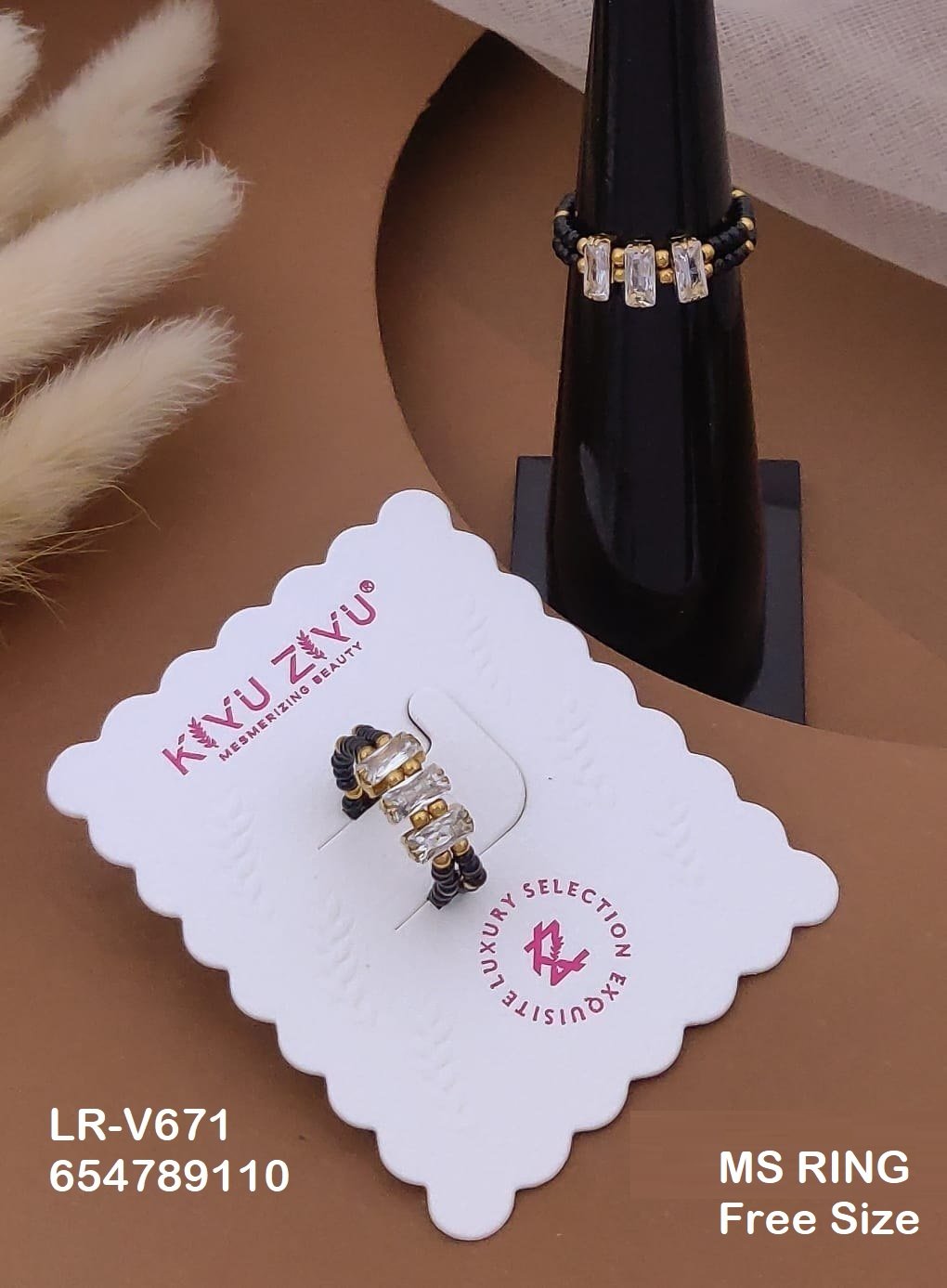 LR-V671 Anti-Tarnish Stainless Steel Black Beads Free Size Rings - Kiyu ziyu By Anjni Creation