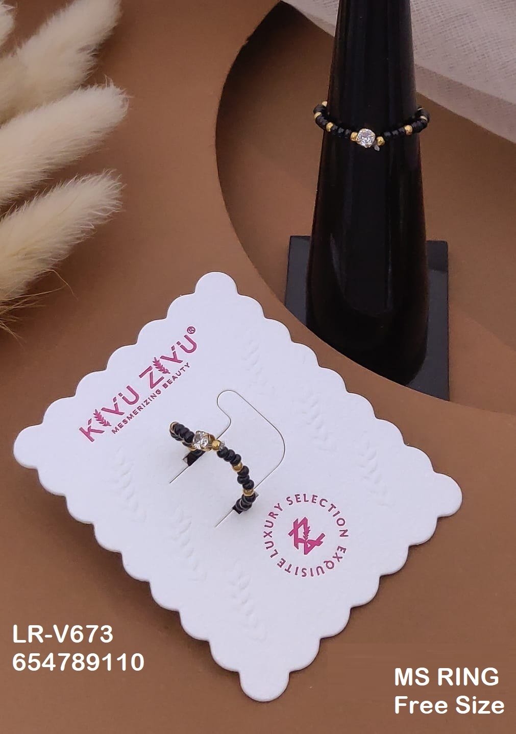 LR-V673 Anti-Tarnish Stainless Steel Black Beads Free Size Rings - Kiyu ziyu By Anjni Creation