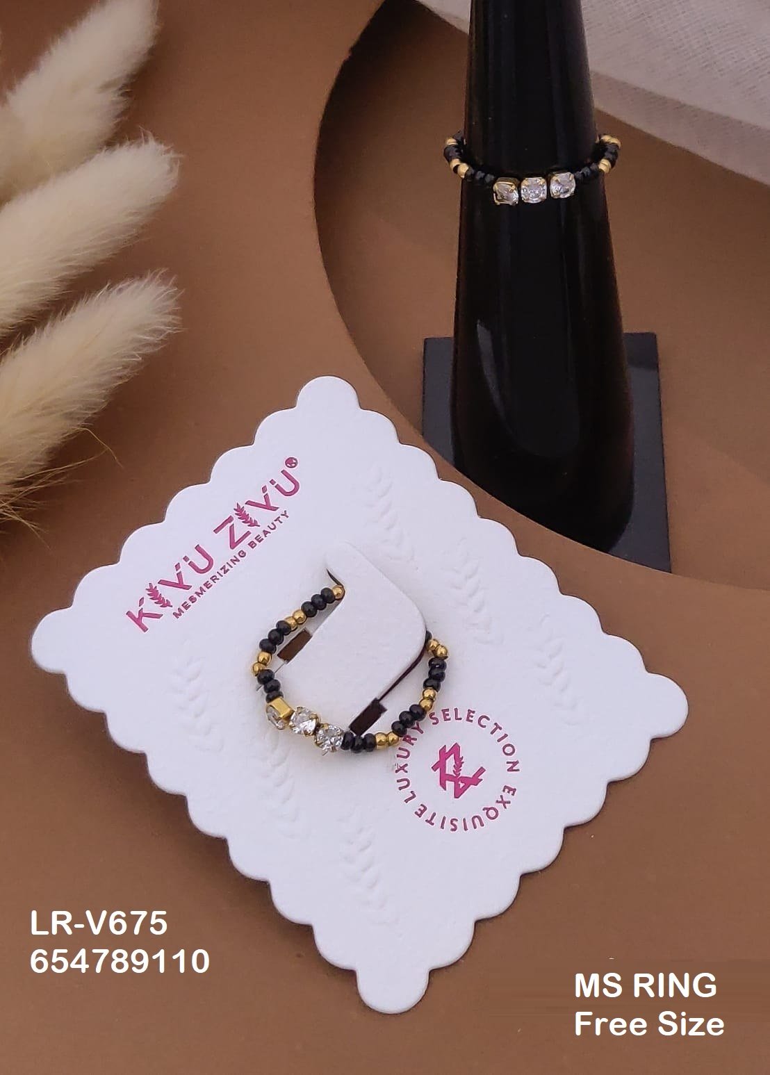 LR-V675 Anti-Tarnish Stainless Steel Black Beads Free Size Rings - Kiyu ziyu By Anjni Creation